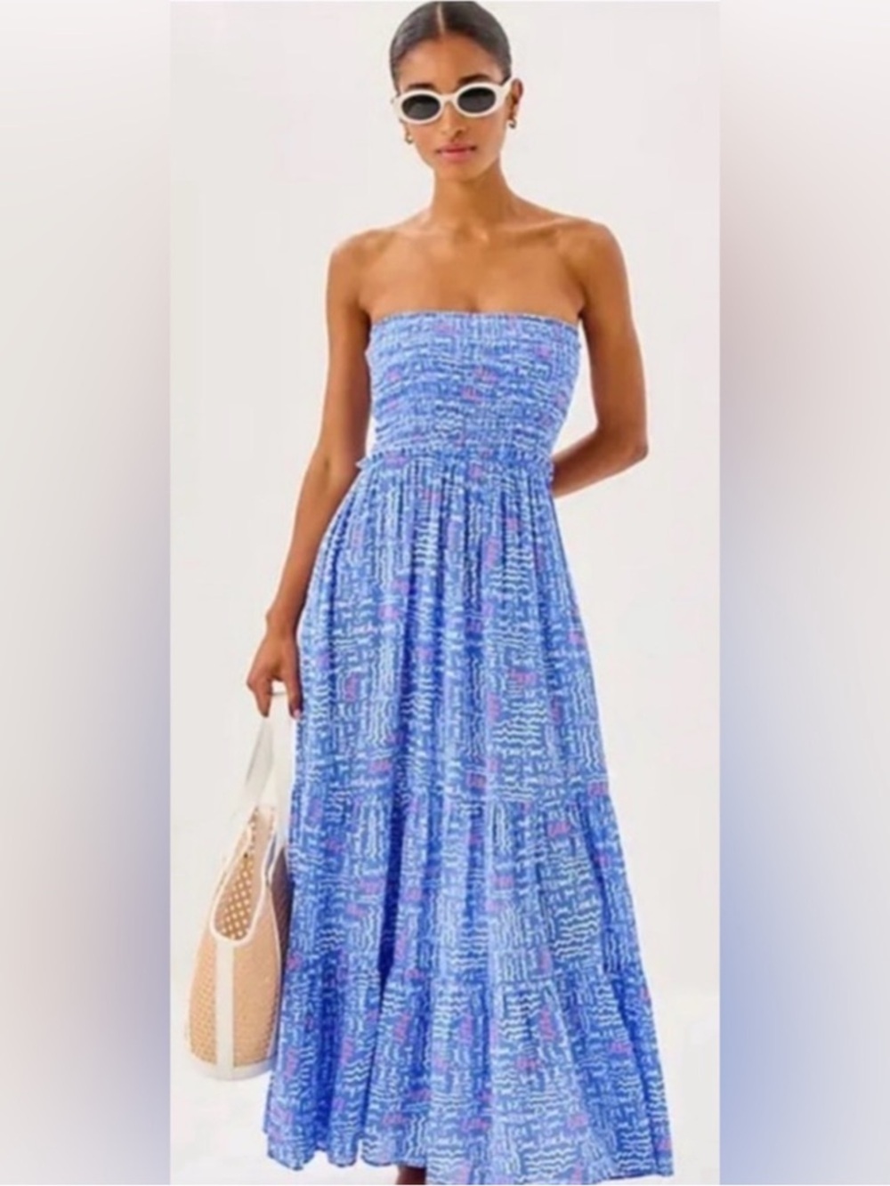 Smocked Strapless Blue Print Maxi Dress